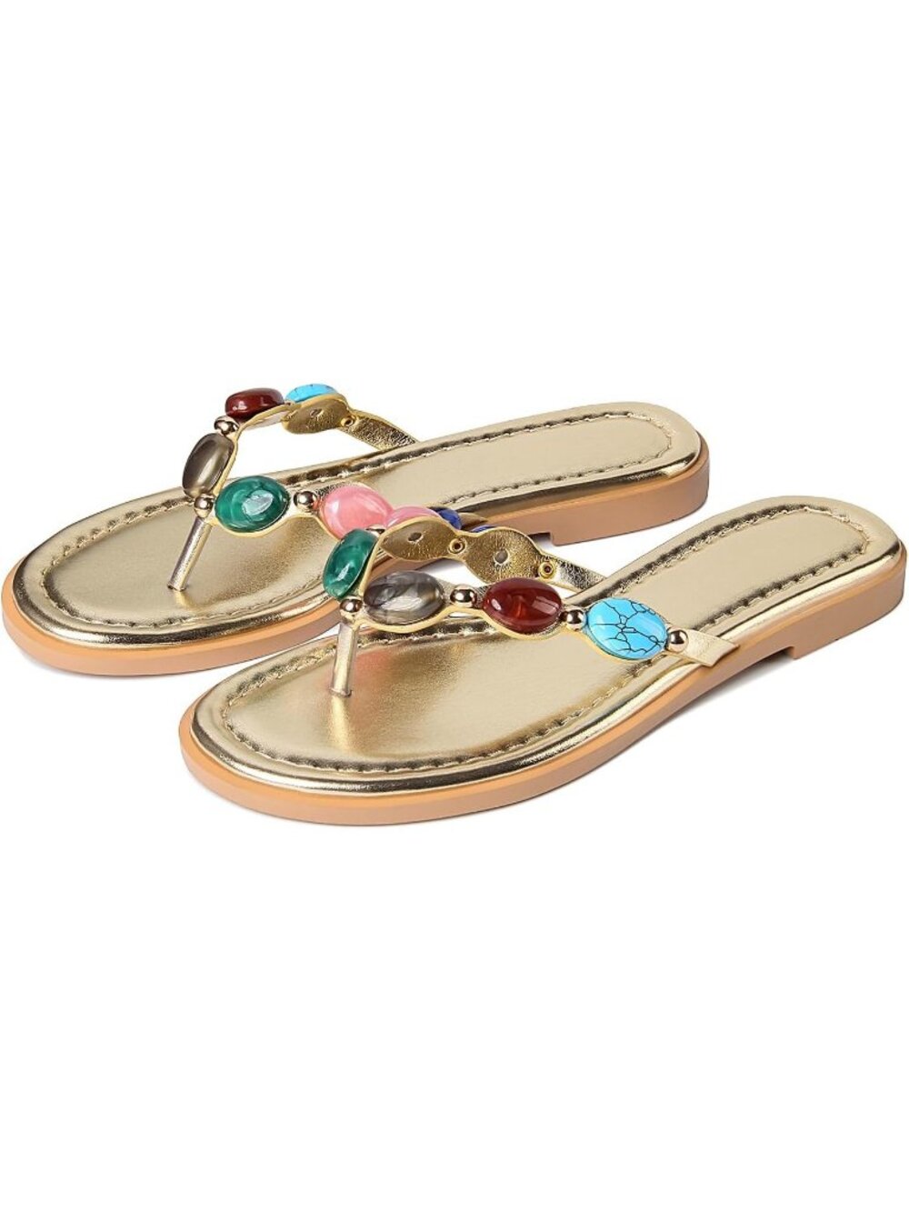 Women's Gold Polyurethane Open Round Toe Flip Flops Comfy Slip on Flats Sandals - Picture 6 of 6